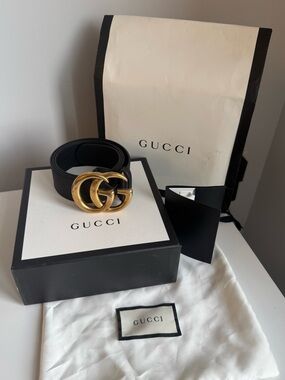 ✨Gucci Marmont Wide Belt-Black Leather/Gold Tone Buckle ✨Size: 90/36-Full Set